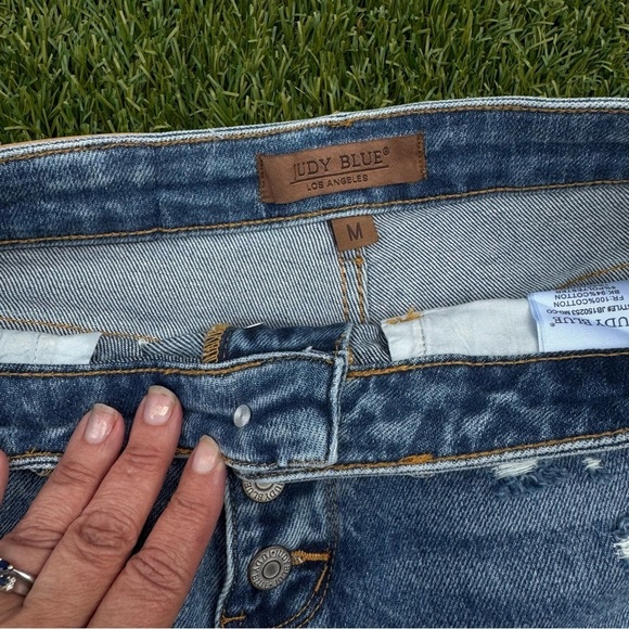 Judy Blue Distressed High Waisted Denim Shorts in Blue - Picture 12 of 16